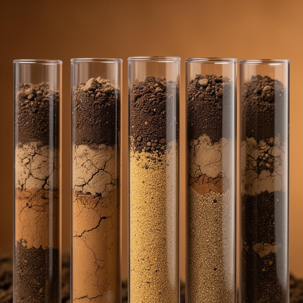 Layered soil core samples in clear tubes showing different earth strata
